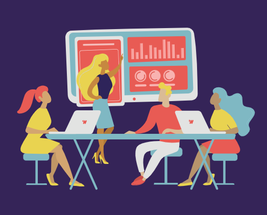 Illustration of the In-Workforce team reviewing workforce operations data together