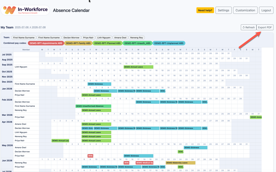 Team Absence Calendar Export PDF action shown in the In-Workforce app header
